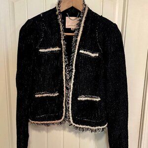 Rebecca Taylor Navy Tweed Look Jacket Fringe Accents SZ 2 Dressy